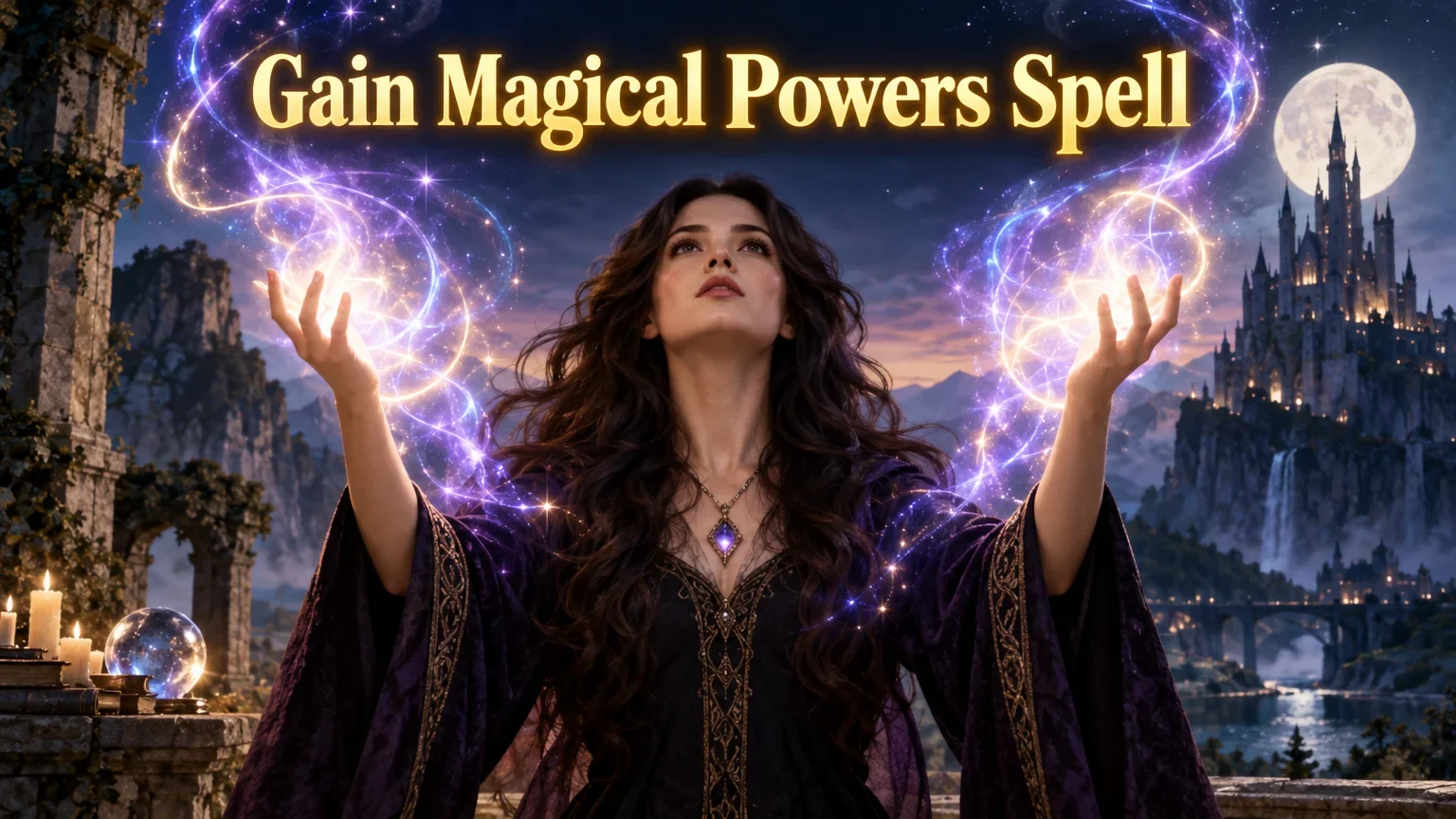 A woman in a dark purple robe with intricate designs holds up her hands as magical light swirls around them. She wears a glowing pendant and stands in front of an ancient stone structure with candles and a crystal ball. In the background, a full moon illuminates a large castle on a cliff above a river and bridge under a night sky.